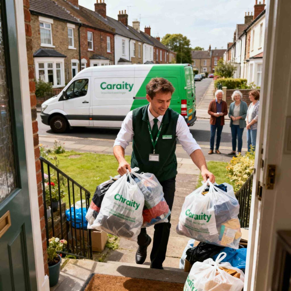 Charity Worker Collecting Clothes With Delivery Van in the Background