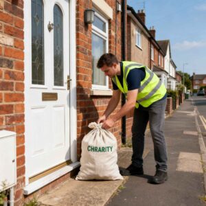 Charity Worker Collecting Donation Bag From UK Home