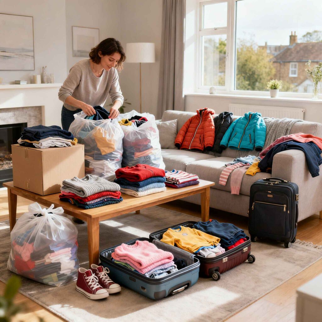 Community Spirit Packing Donated Clothes at Home
