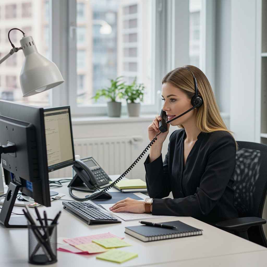 UK Woman Providing Customer Support Over the Phone at Office Desk